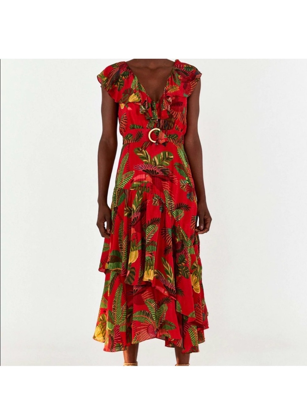 FARM Rio Red Tropical Ruffled Midi Dress with Belt